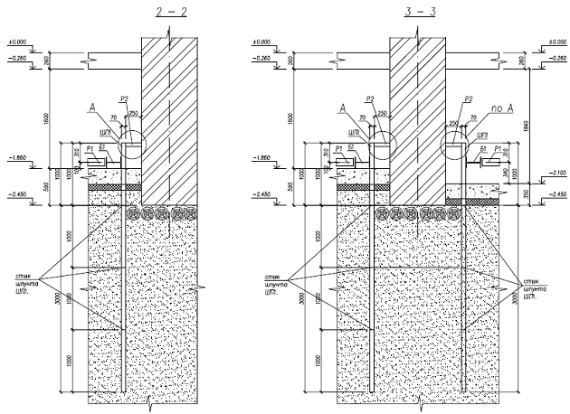 Пример проектного решения поперечного сечения фундаментов под наружную и внутреннюю стену реконструируемого здания с устройством конструктивного шпунтового ограждения при планируемом углублении подвала.